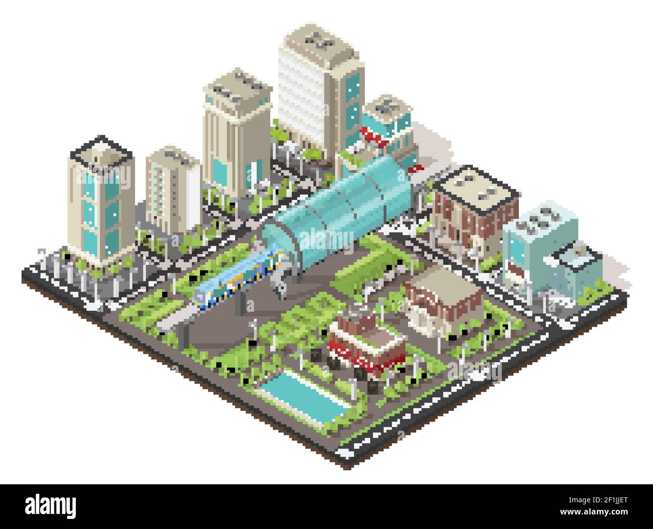 Concetto di paesaggio urbano isometrico con metropolitana nel centro pubblico e di vita edifici alberi strada isolato vettore illustrazione Illustrazione Vettoriale