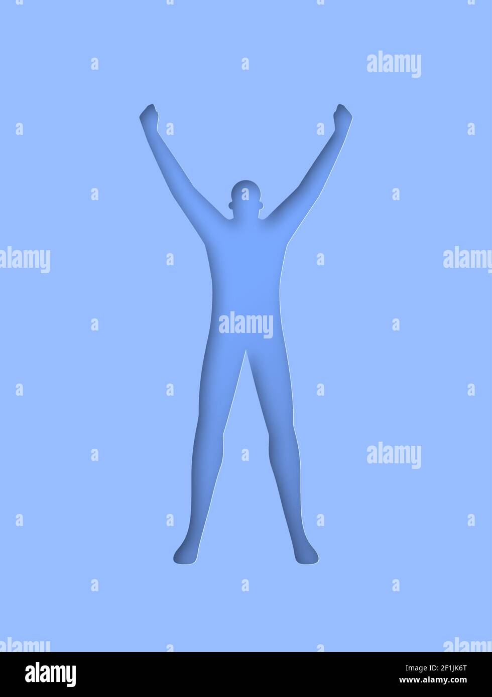 Uomo di successo, armi in posa vittoria. Illustrazione 3D papercut Craft per la libertà, l'obiettivo aziendale o il concetto di raggiungimento della vita. Illustrazione Vettoriale
