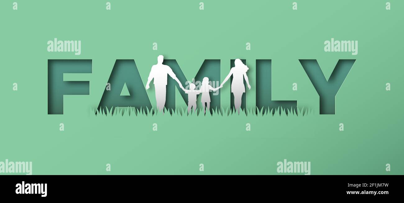 Famiglia di mamma, papà e bambini che camminano tenendo le mani insieme in stile artigianale taglio di carta moderno con testo citazione segno sfondo. Illustrazione Vettoriale