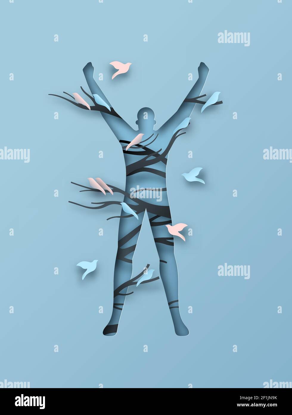 Uomo di successo, armi in posa vittoria. Illustrazione 3D papercut Craft con uccelli e ramo di albero per il concetto di libertà o di realizzazione della vita. Illustrazione Vettoriale