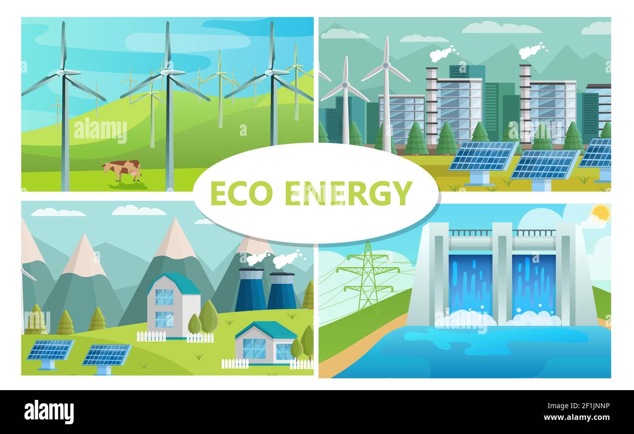 Flat eco Energy Concept con mulini a vento pannelli solari fabbrica ecologica ed alloggia illustrazione vettoriale della stazione idroelettrica Illustrazione Vettoriale