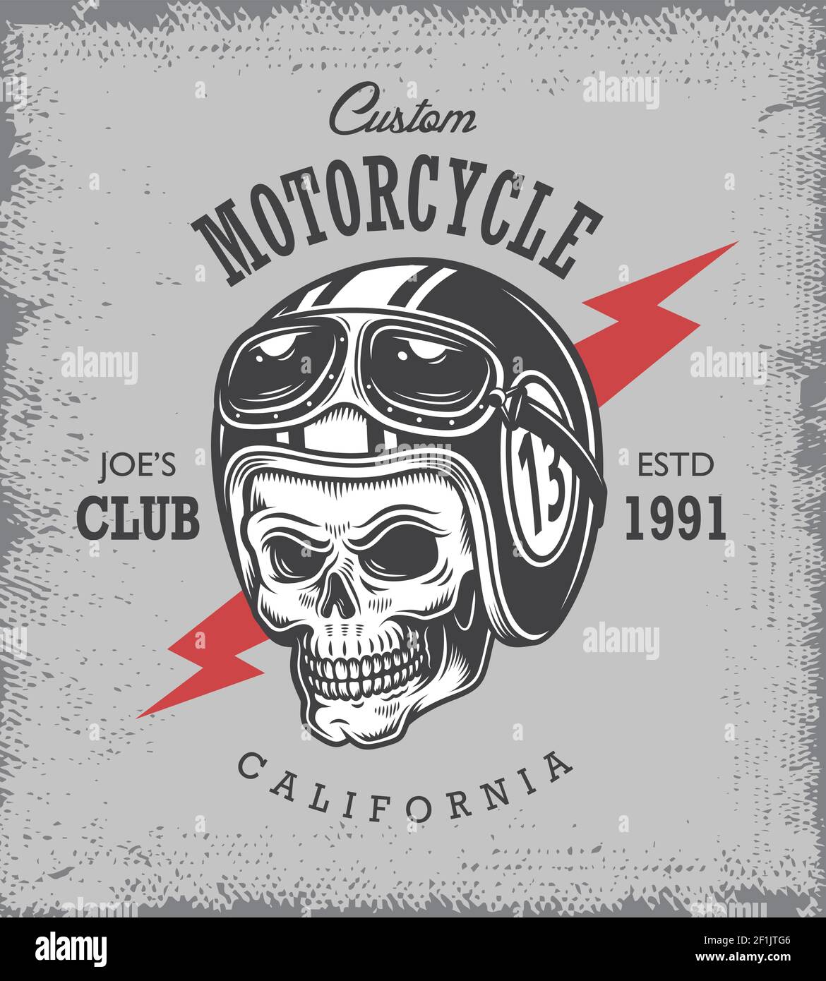 Stampa motociclistica d'epoca con cranio in casco da moto su sfondo grange. Illustrazione Vettoriale