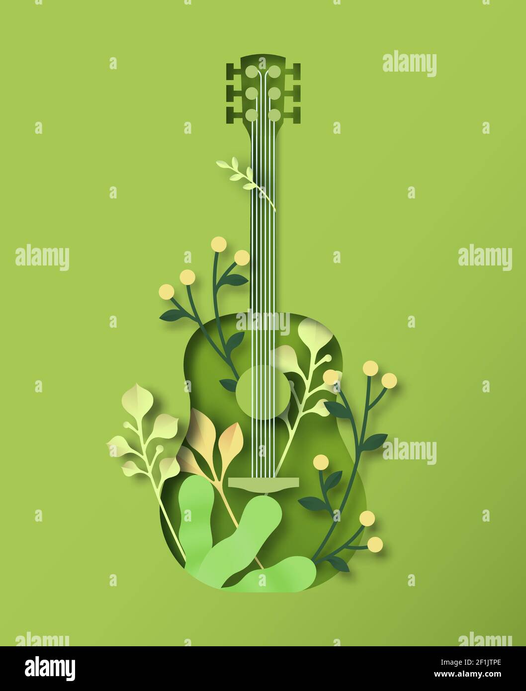 Strumento di chitarra acustica verde in stile artigianale con taglio di carta 3D con decorazione naturale e foglia di pianta. Suoni della natura, musica dal vivo illustrazione di eventi c Illustrazione Vettoriale