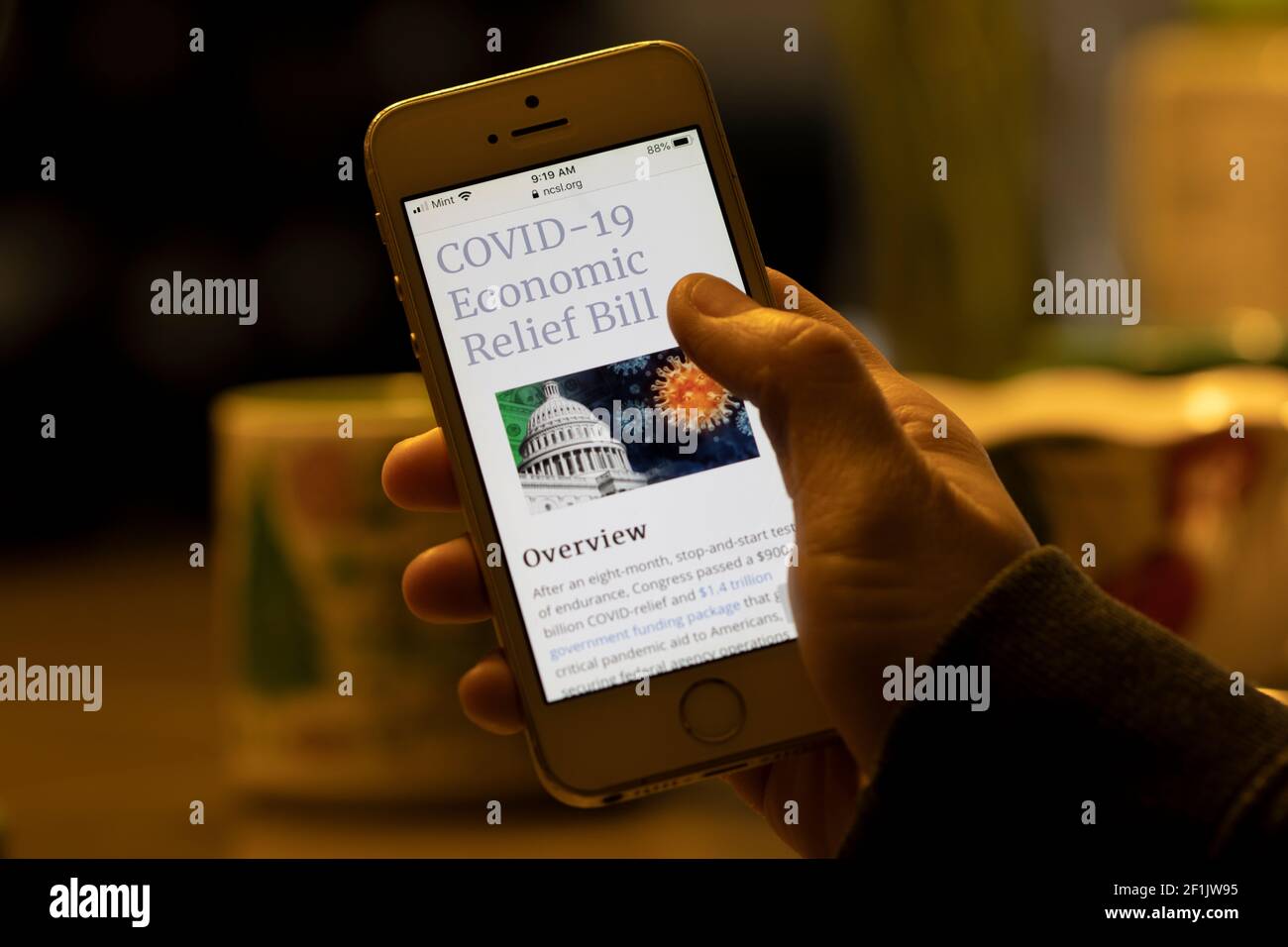 Una donna visita il sito web della National Conference of state Legislatures (NCSL) l'8 marzo 2021, per saperne di più sul COVID-19 Economic Relief Bill. Foto Stock