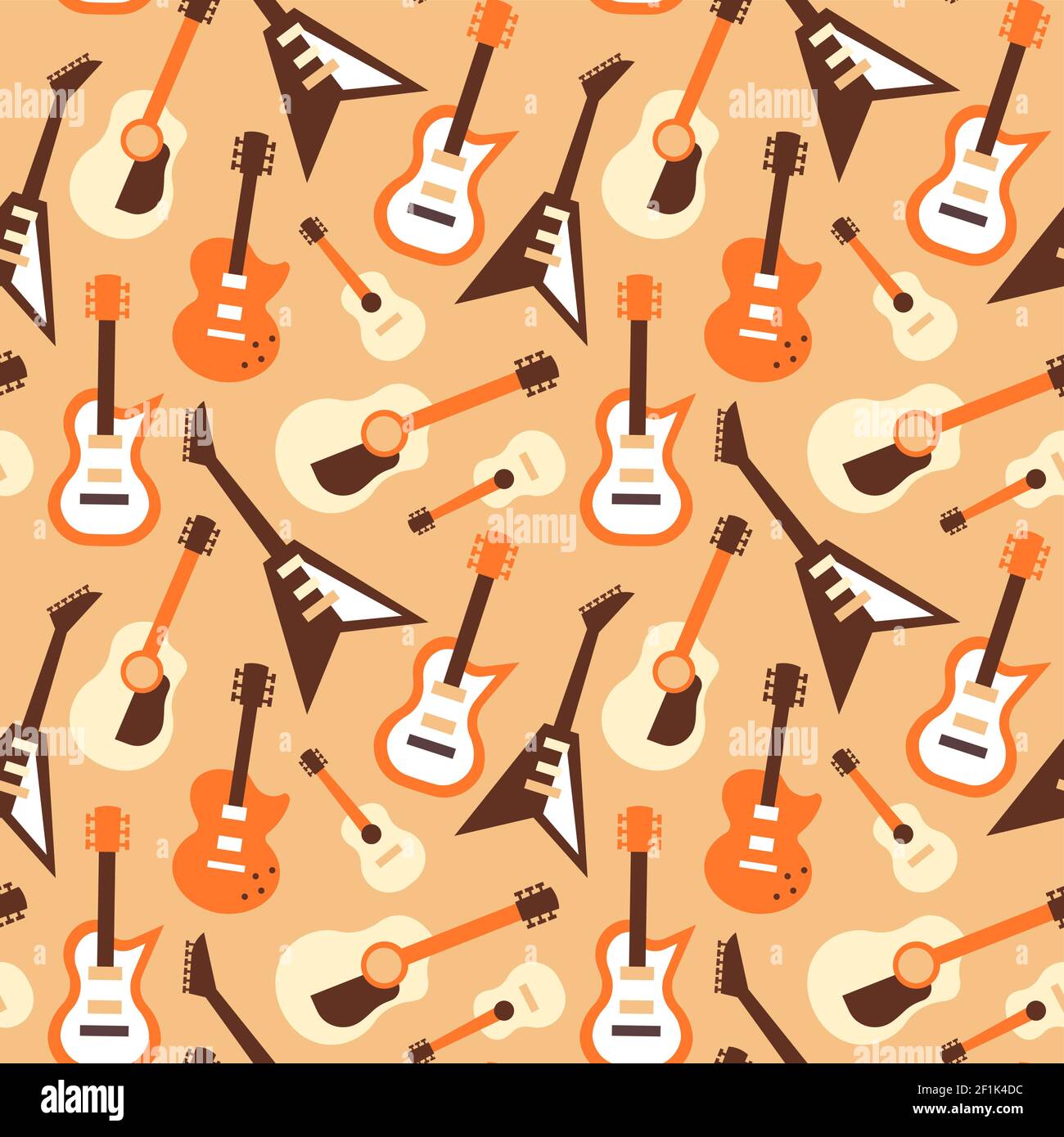 Strumento musicale per chitarra motivo senza giunture, sfondo icona cartoon di strumenti di stile diverso. Chitarre elettriche retrò per band event, concerto conferenza Illustrazione Vettoriale