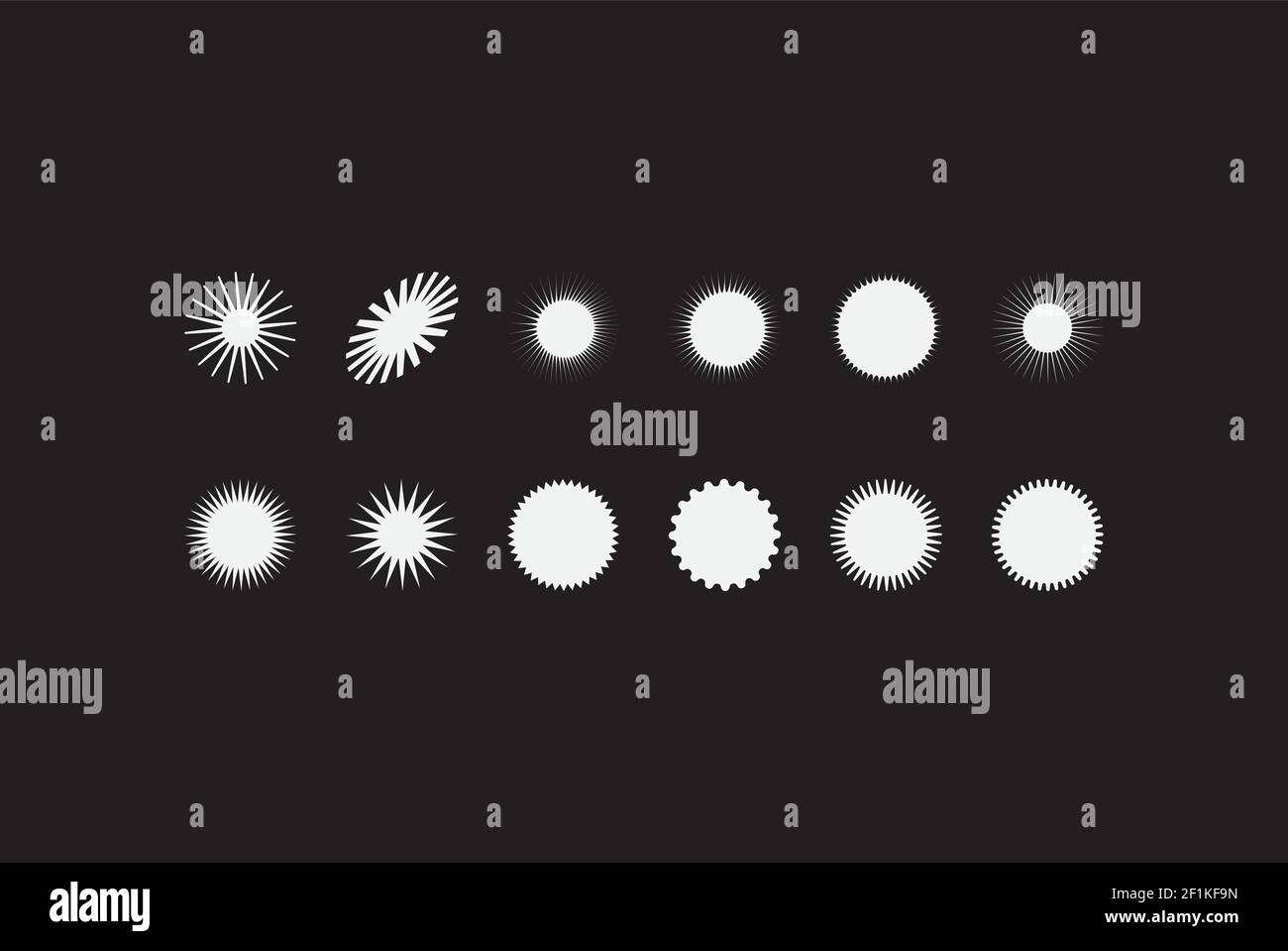 Insieme di vettori di elementi stellari stilizzati. Qui sono molte variazioni dalle forme usuali a distorto e irriconoscibile. Questa forma distorta e straordinaria m Illustrazione Vettoriale