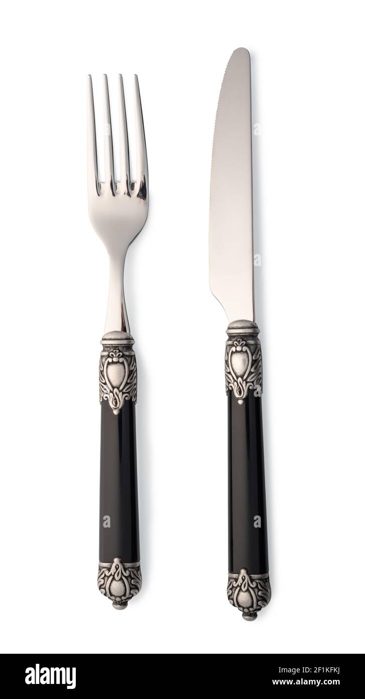 Set di posate con forchetta e coltello Foto Stock