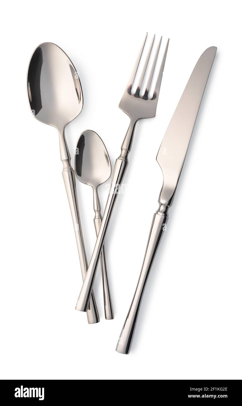 Set di posate con forchetta, coltello e cucchiaio Foto Stock