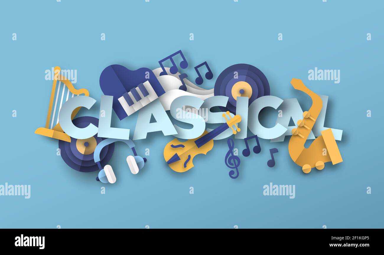 Illustrazione in stile musicale classico con icone di strumenti musicali tagliate in carta 3d. Concerto di musica classica, concetto di evento di orchestra sinfonica. Incl Illustrazione Vettoriale