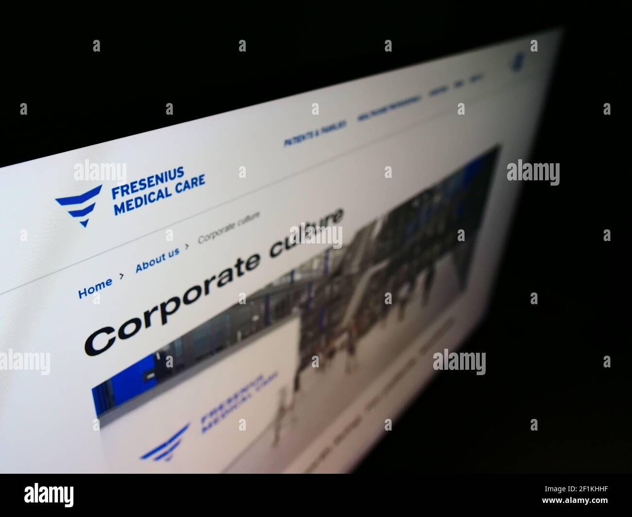 Visualizzazione ad alto angolo del sito Web con il logo della società tedesca di dialisi Fresenius Medical Care AG e Co. KGaA sul monitor. Mettere a fuoco in alto a sinistra dello schermo. Foto Stock