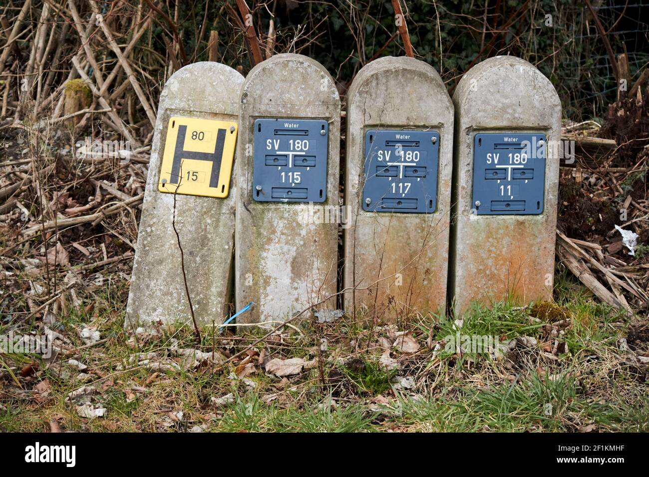 indicatori idrante e valvola di servizio per alimentazione principale acqua in area rurale della contea di bangor nel nord dell'irlanda del regno unito Foto Stock