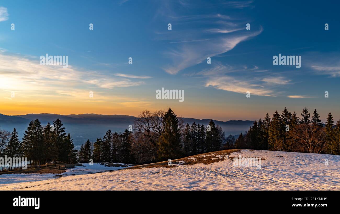 Panorama con la valle del Reno e la catena montuosa svizzera Alpstein e Säntis. Dopo bagliore colorato e tramonto con le nuvole di velo e fila di alberi, nevoso Foto Stock