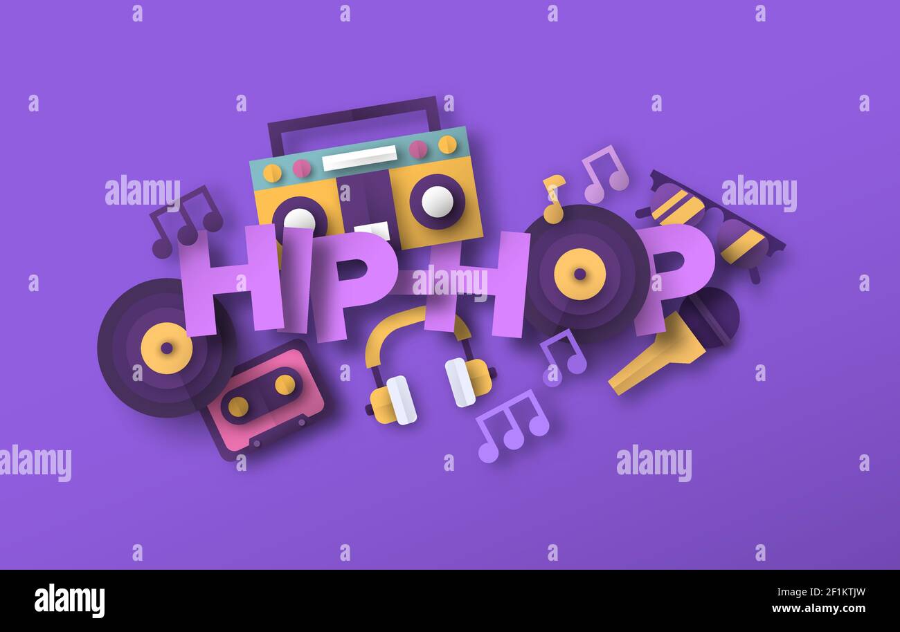 Illustrazione di stile musicale hip hop con icone di attrezzature audio con taglio di carta 3d. Concerto urbano, concetto di evento musicale dal vivo. Include microfono, retro b Illustrazione Vettoriale