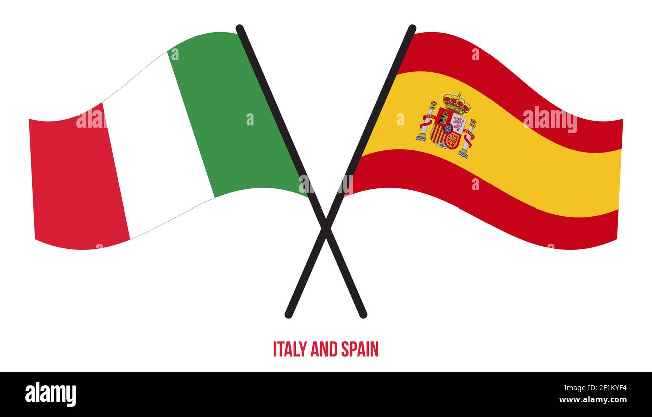 Italia e Spagna Bandiere incrociate e ondulate in stile piatto. Proporzione ufficiale. Colori corretti. Foto Stock