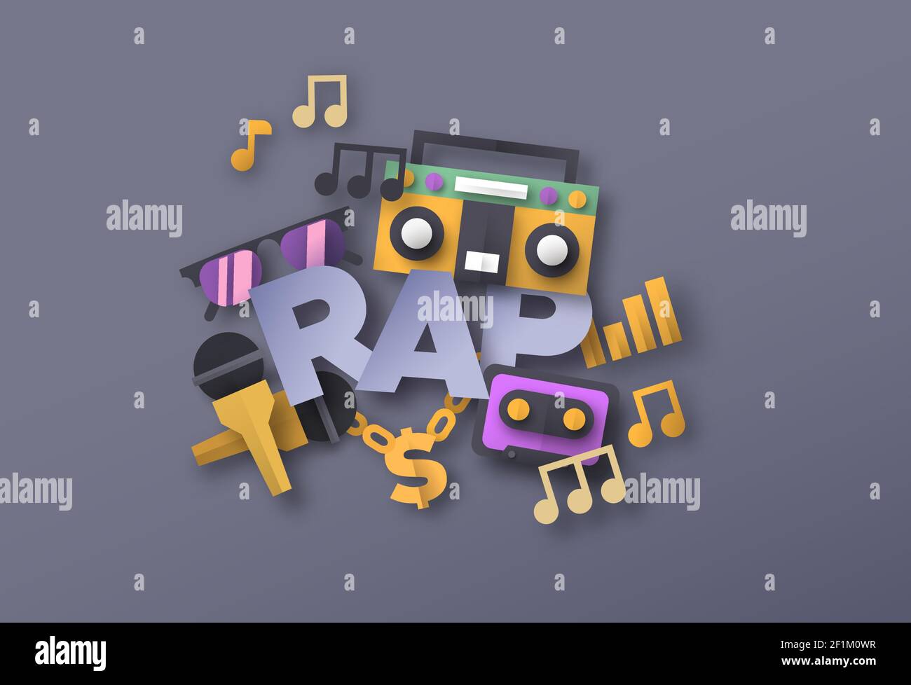 Illustrazione dello stile musicale RAP con icone di strumenti musicali con  taglio di carta 3d. Evento di battaglia di rapper urbano o concetto di  suono di strada. Include microfono, oro c Immagine