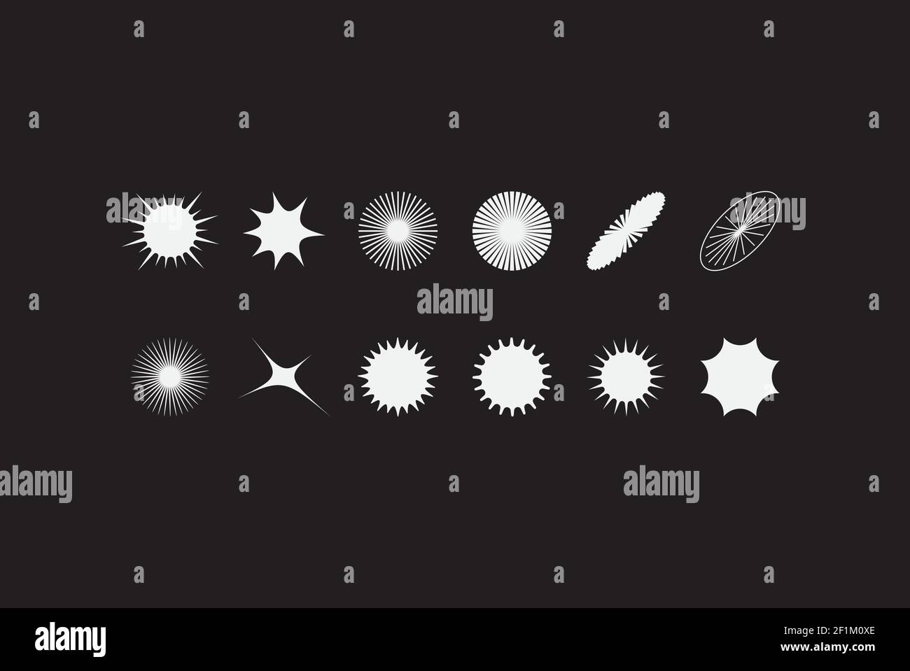 Insieme di vettori di elementi stellari stilizzati. Qui sono molte variazioni dalle forme usuali a distorto e irriconoscibile. Questa forma distorta e straordinaria m Illustrazione Vettoriale