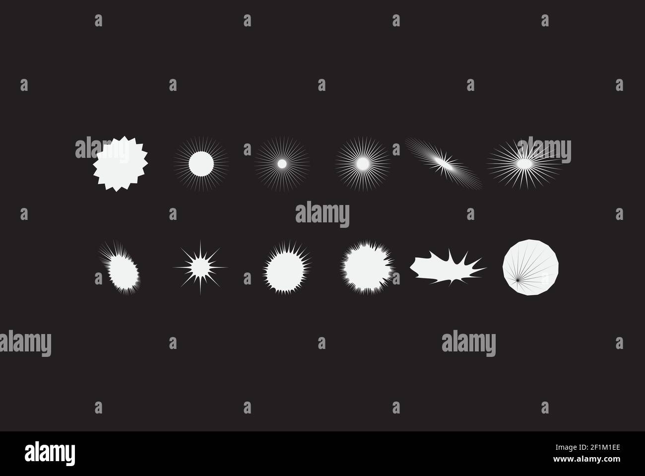 Insieme di vettori di elementi stellari stilizzati. Qui sono molte variazioni dalle forme usuali a distorto e irriconoscibile. Questa forma distorta e straordinaria m Illustrazione Vettoriale