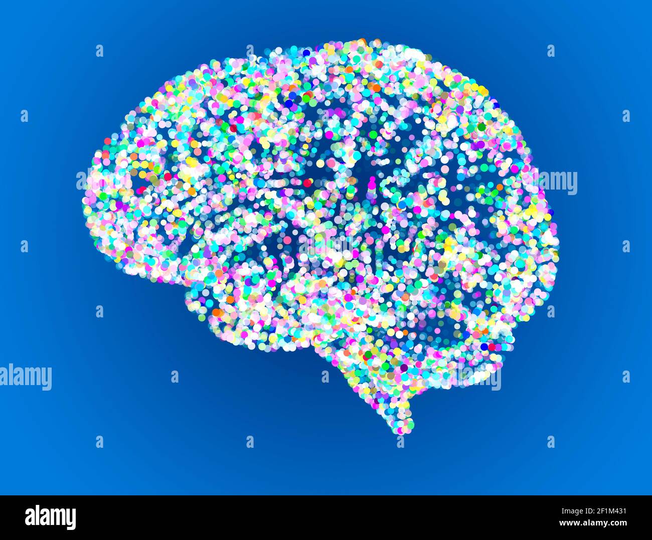 Cervello stilizzato con punti. Idee e pensieri, essere creativi. Cerchi multicolore. Vista laterale dell'organo cerebrale. Anatomia umana. Particelle Foto Stock