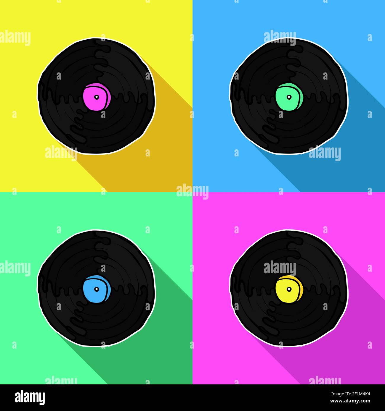 CD in vinile retrò colorato in stile disegnato a mano. Album musicale d'epoca o simbolo pop art del lettore giradischi. Illustrazione Vettoriale