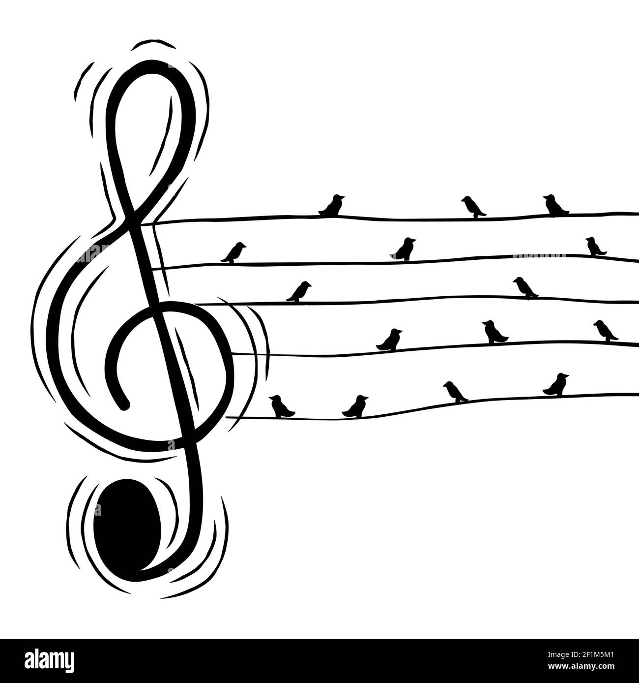 Musica acuti nota clef con uccelli in wire illustrazione per evento musicale o concetto di suono della natura. Cartone animato disegnato a mano su sfondo isolato. Illustrazione Vettoriale