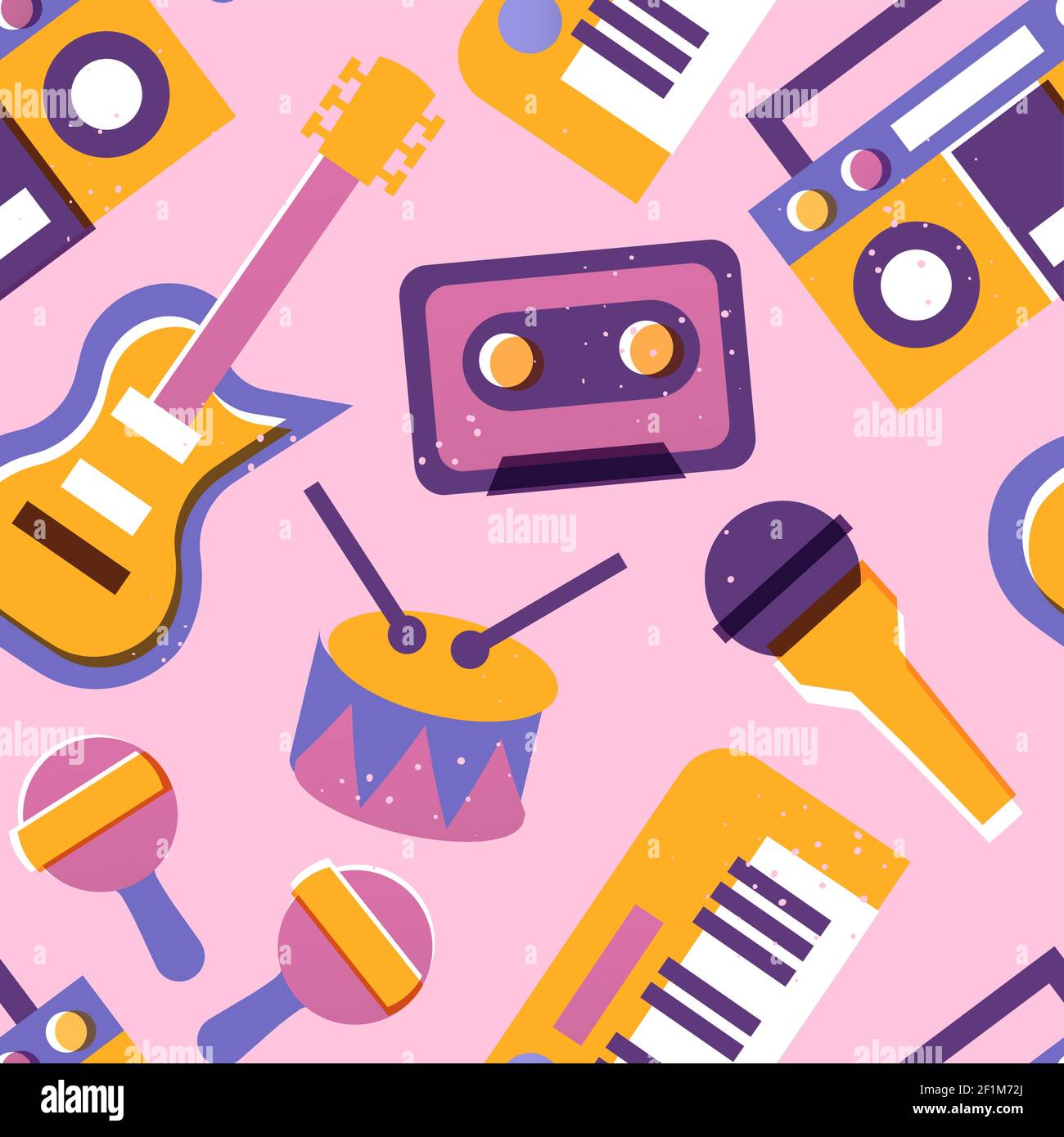 Strumento musicale illustrazione senza giunture, design colorato dello sfondo dell'attrezzatura musicale con cassetta retrò, chitarra, tastiera a piano e molto altro. Illustrazione Vettoriale