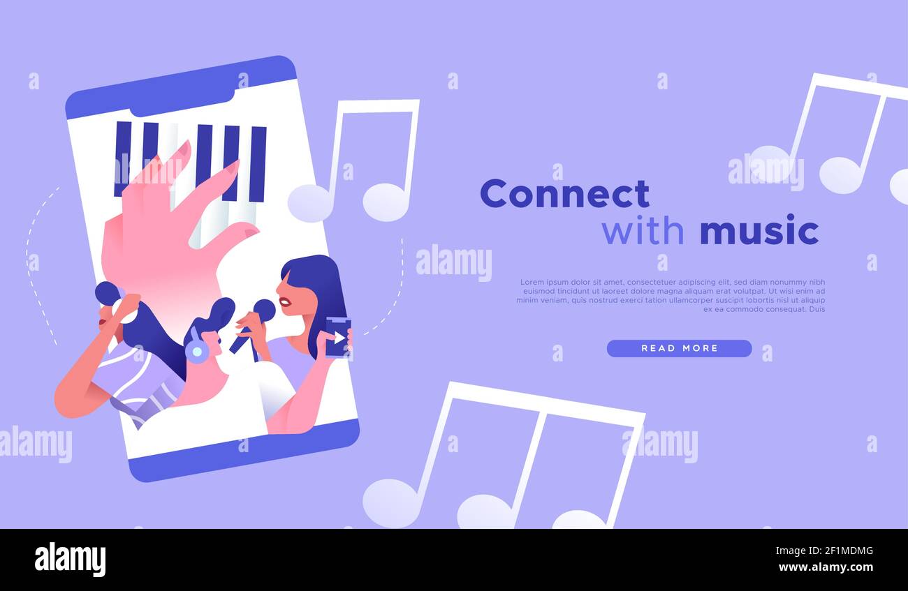 Connettiti con l'illustrazione del modello web musicale, il concetto di app per smartphone musicale per lo sfondo della landing page online. Cartoni animati piatti persone che ascoltano hea Illustrazione Vettoriale