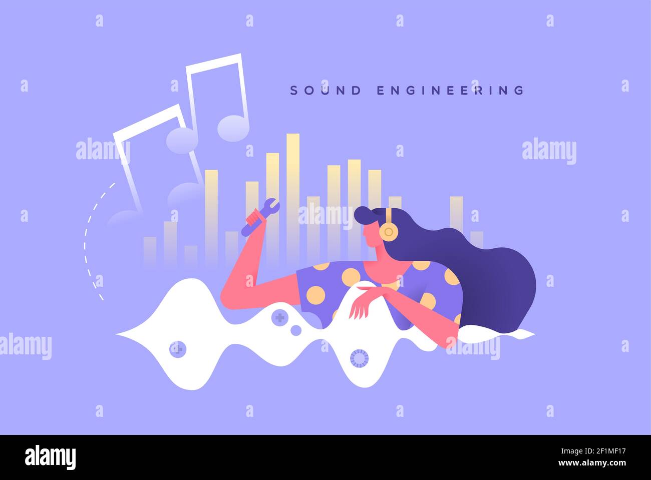 Illustrazione dell'ingegneria del suono di una donna professionista che lavora in studio con livelli di volume audio. Carattere cartoon piatto per l'industria musicale o. Illustrazione Vettoriale