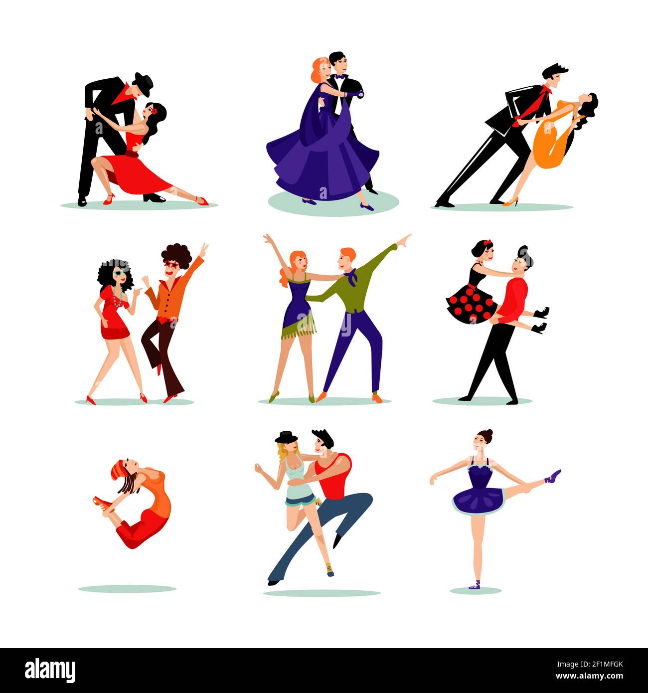 Persone che ballano in diversi abiti e vari stili di danza illustrazione vettoriale isolata Illustrazione Vettoriale