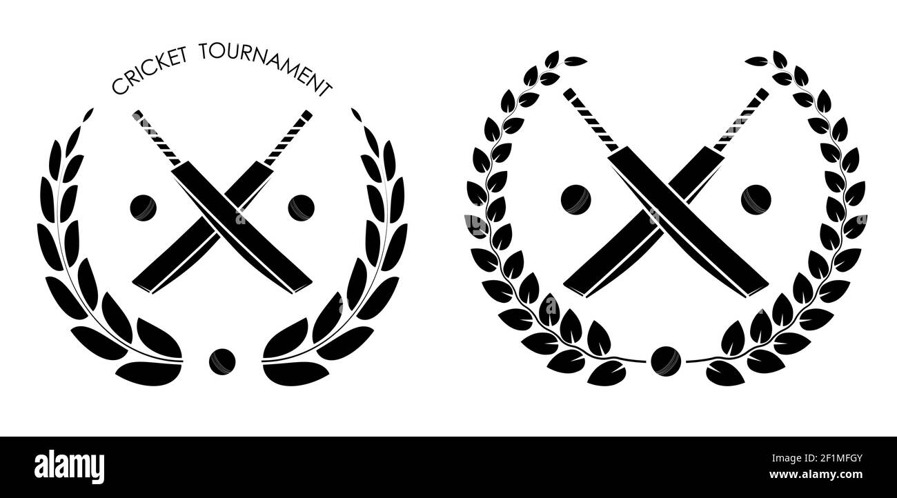 simbolo, emblema di pipistrelli da cricket incrociati e palla con corona d'alloro per la competizione. Attrezzature sportive. Stile di vita attivo. Vettore Illustrazione Vettoriale