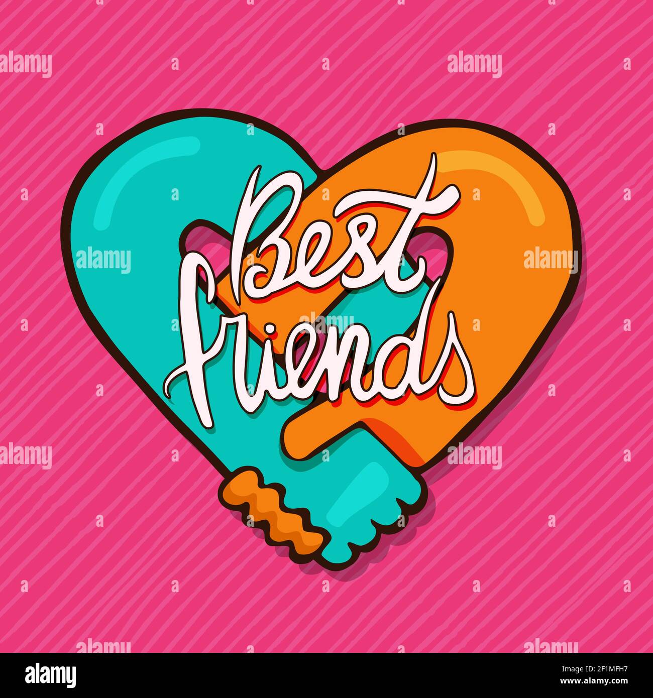 Biglietto di auguri dei migliori amici illustrazione di due braccia di amici che tengono le mani in forma di cuore. Design di concetto di amore per la celebrazione del giorno dell'amicizia. Illustrazione Vettoriale