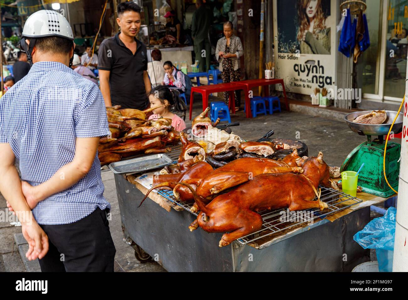 Carne di cane sulla griglia per le strade di Hanoi In Vietnam Foto Stock