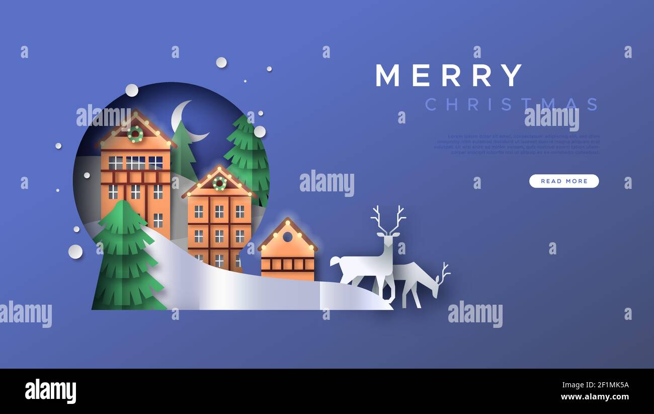 Merry Natale web landing page modello illustrazione del paesaggio invernale papercut all'interno di neve globo forma ritaglio. 3D carta mestiere renne, pino Illustrazione Vettoriale
