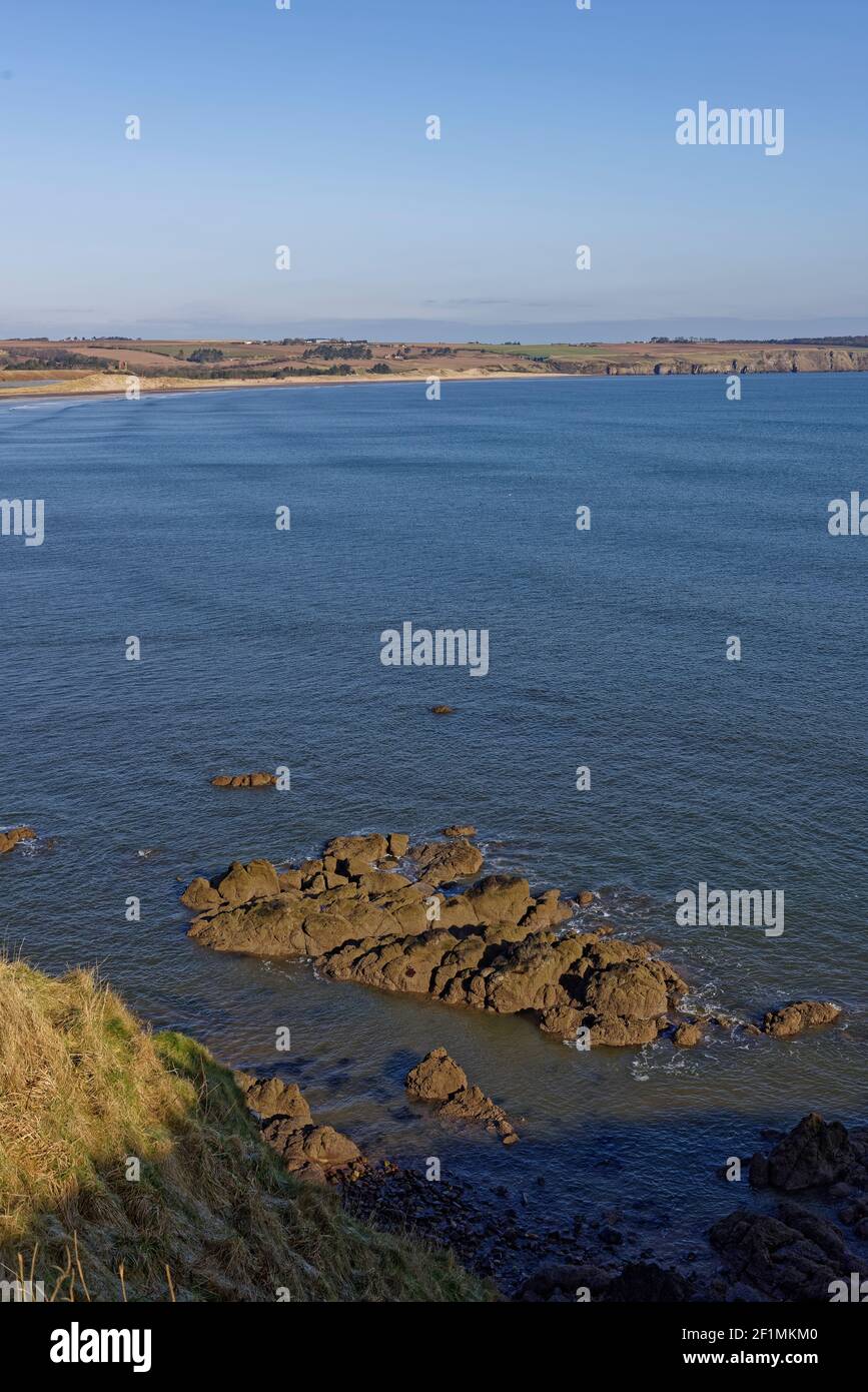 Alcune delle rocce di arenaria rossa esposte dalla bassa marea di Lunan Bay con le onde della marea in via di recedimento che lambono delicatamente contro di loro, Foto Stock