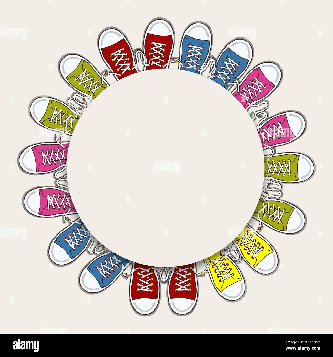 Cornice circolare bianca vuota con scarpe da ginnastica colorate per il concetto di moda teen o per il design di calzature per bambini su sfondo isolato. Illustrazione Vettoriale