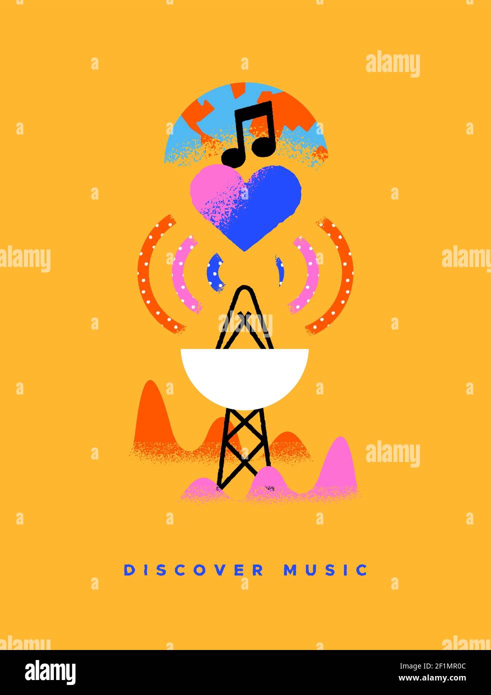 Scopri la musica colorata illustrazione su sfondo isolato. Radar musicale o concetto di radio Internet globale in stile cartoon trendy disegnati a mano. Illustrazione Vettoriale