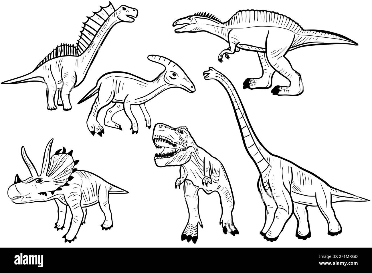 Set di dinosauri. Schizzo di vari dinosauri preistorici. Disegno a mano libera, Jurassic Animals.Vector. Illustrazione Vettoriale