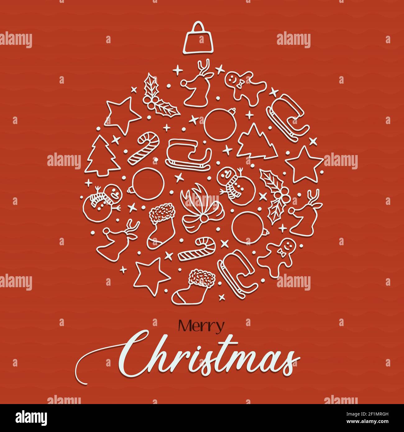 Allegro biglietto di auguri di Natale illustrazione delle icone stagione di festa in forma di palla ornamento. I simboli tradizionali di xmas includono renne, bauble, pupazzo di neve Illustrazione Vettoriale