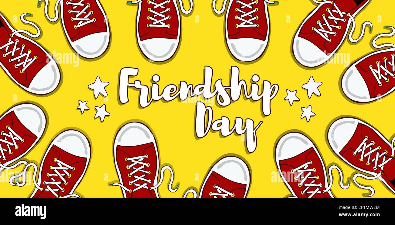 L'illustrazione del banner del giorno dell'amicizia delle scarpe da sneaker degli amici rossi e del testo per una celebrazione sociale speciale. Illustrazione Vettoriale
