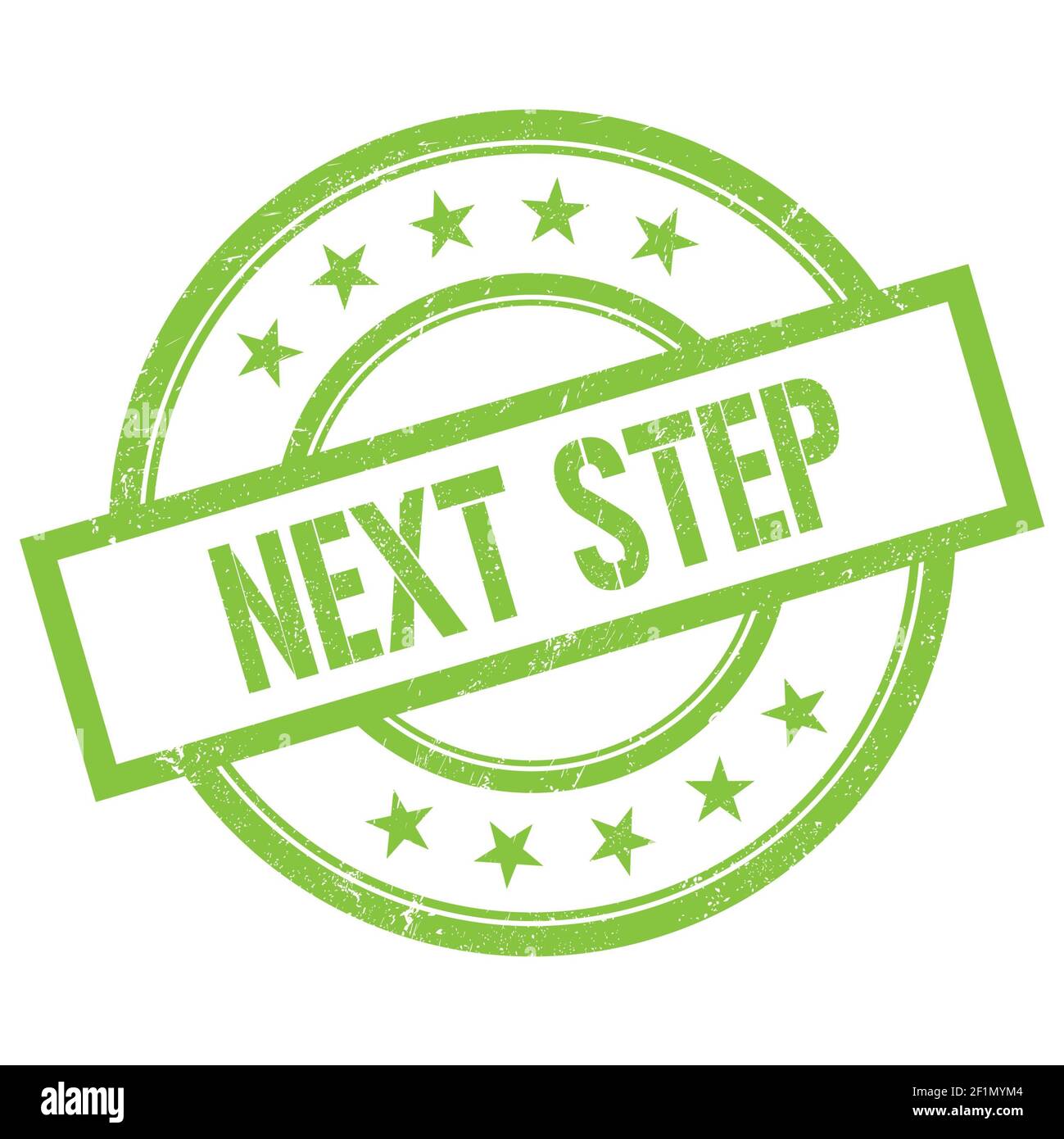 TESTO DEL PASSO SUCCESSIVO scritto sul francobollo verde rotondo in gomma vintage. Foto Stock