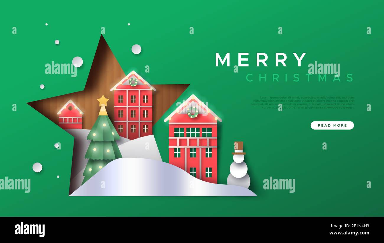 Merry Natale web landing page modello illustrazione del paesaggio invernale papercut all'interno della forma a stella ritaglio. 3D carta artigianale pupazzo di neve, pino e fe Illustrazione Vettoriale