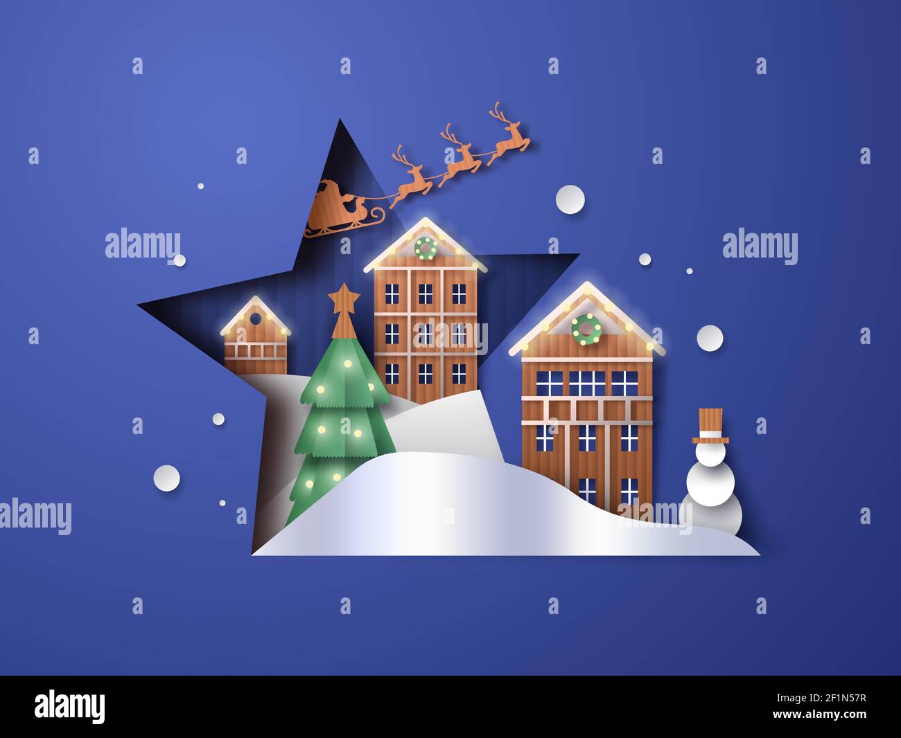 Allegra illustrazione di Natale del paesaggio invernale di papercut all'interno del taglio stellare. 3D carta Craft babbo natale, slitta, pino, pupazzo di neve e villa casa Illustrazione Vettoriale
