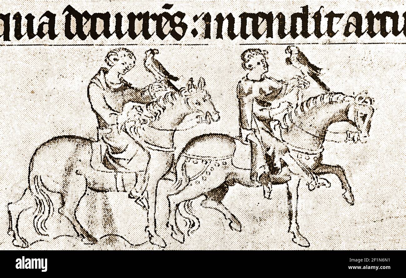 Falconieri medievali e Falconeria nel 1300 ( un'antica illustrazione del Salterio della Regina Maria) Foto Stock