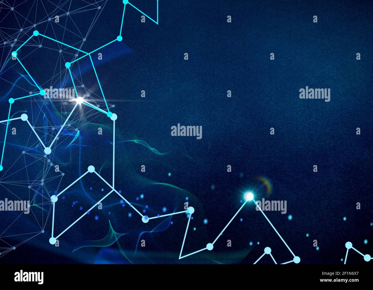 Rete di connessioni blu e verde brillante su sfondo blu Foto Stock