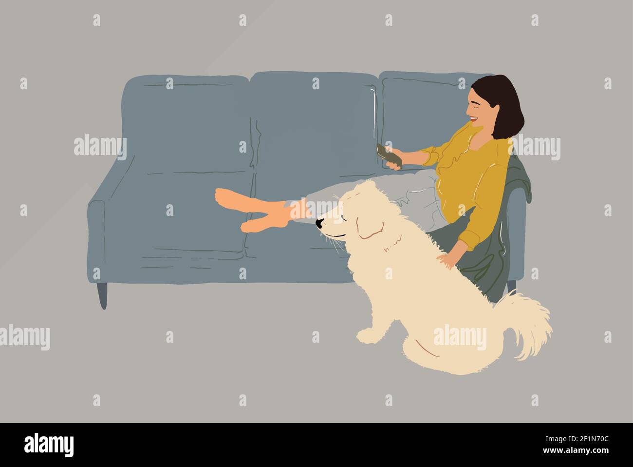 Bella donna con smartphone seduto sul divano grigio con un cane bianco a casa. Stile di vita e concetto di intimità domestica. Illustrazione vettoriale Illustrazione Vettoriale