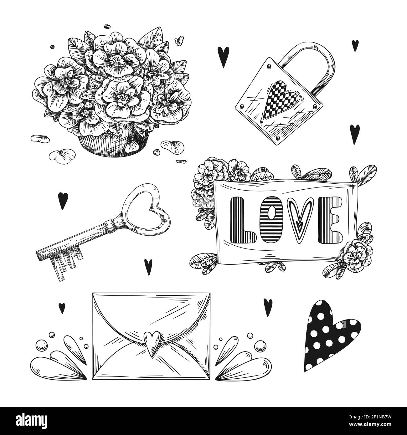Set di romantici elementi disegnati a mano. Cuori, fiori e altri elementi diversi. Illustrazione vettoriale dello schizzo disegnata a mano. Illustrazione Vettoriale