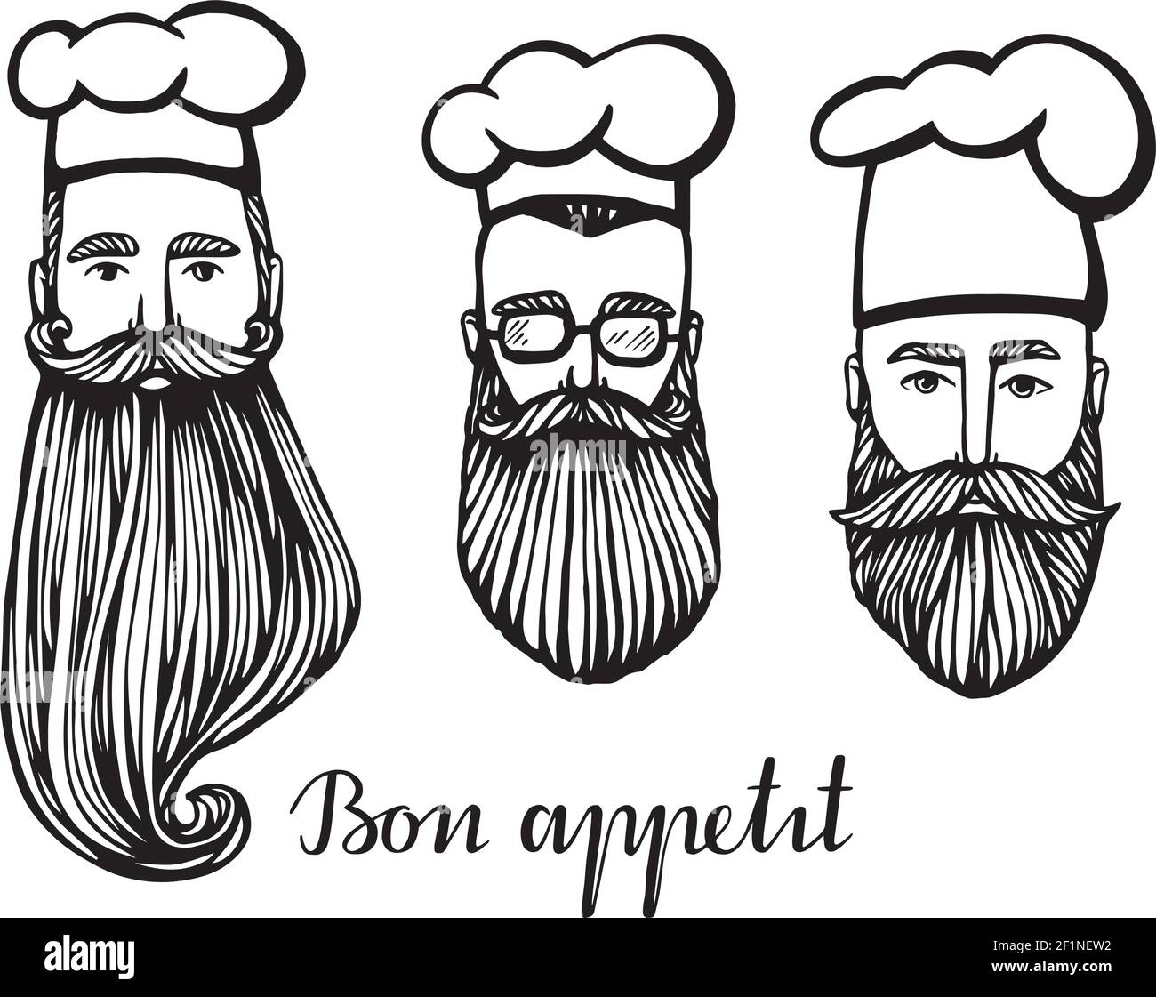 Set di illustrazione vettoriale disegnata a mano del capo-fornello hipster con baffi e barba in cappello bianco. logo capo-fornello. Illustrazione Vettoriale