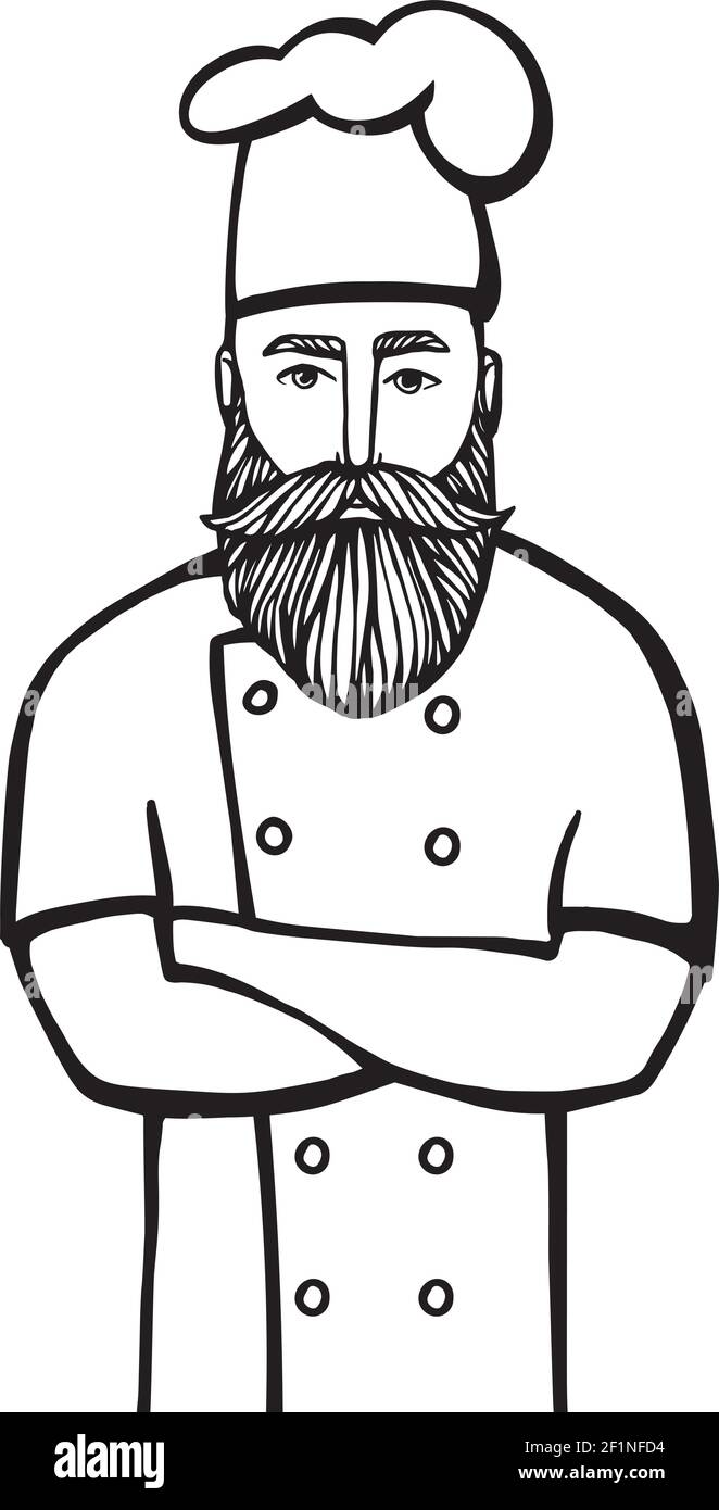 Illustrazione vettoriale disegnata a mano del capo-fornello dell'hipster con i baffi e la barba in un vestito bianco. Il logo del capo-fornello. Illustrazione Vettoriale
