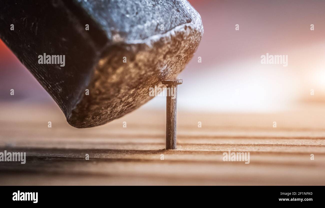 Martellare il chiodo in legno Foto Stock