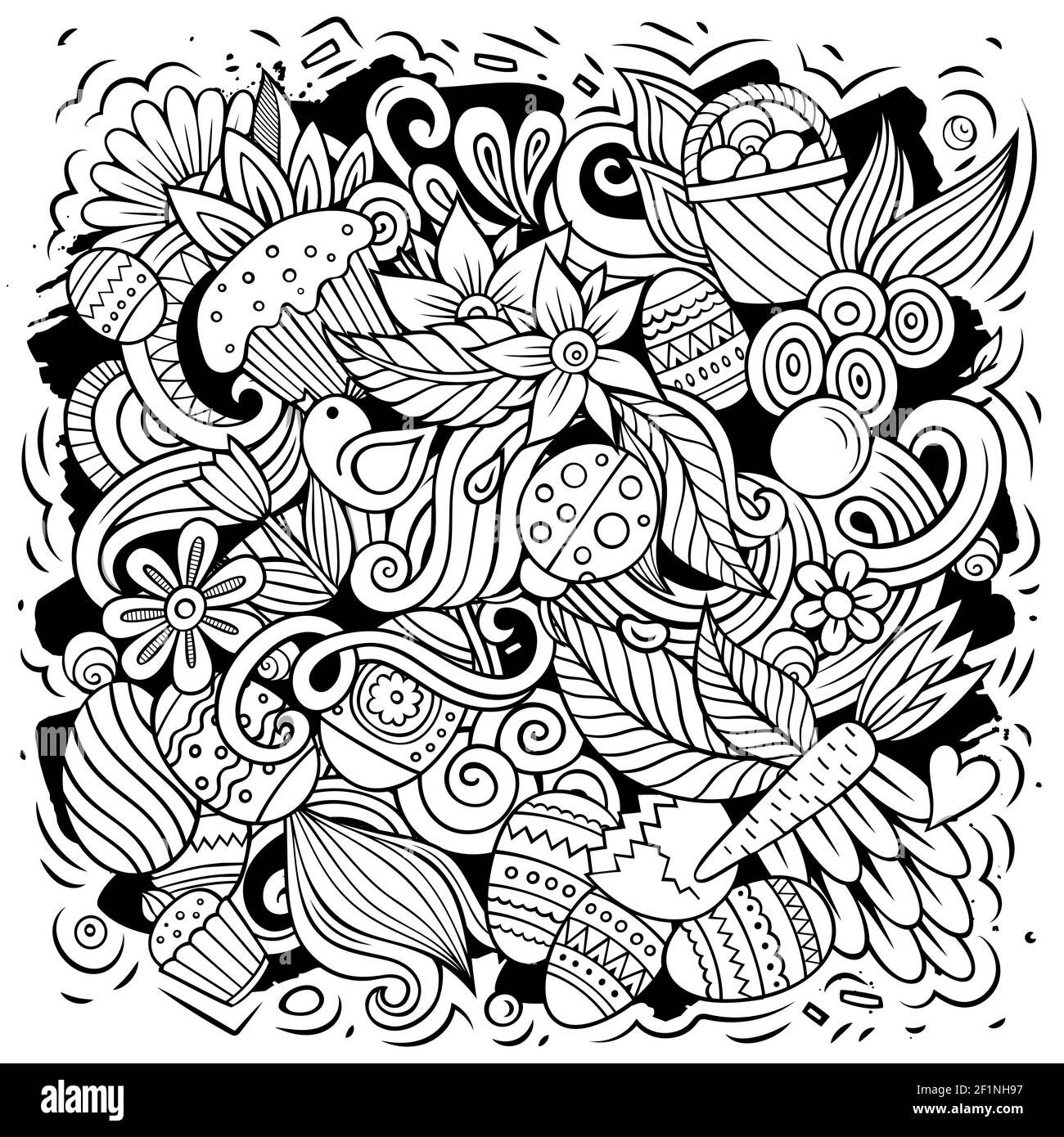 Felice Pasqua vettore doodles illustrazione. Elementi vacanza e oggetti sfondo cartoon. Un'immagine divertente e di schizzo. Tutti gli elementi sono separati Illustrazione Vettoriale