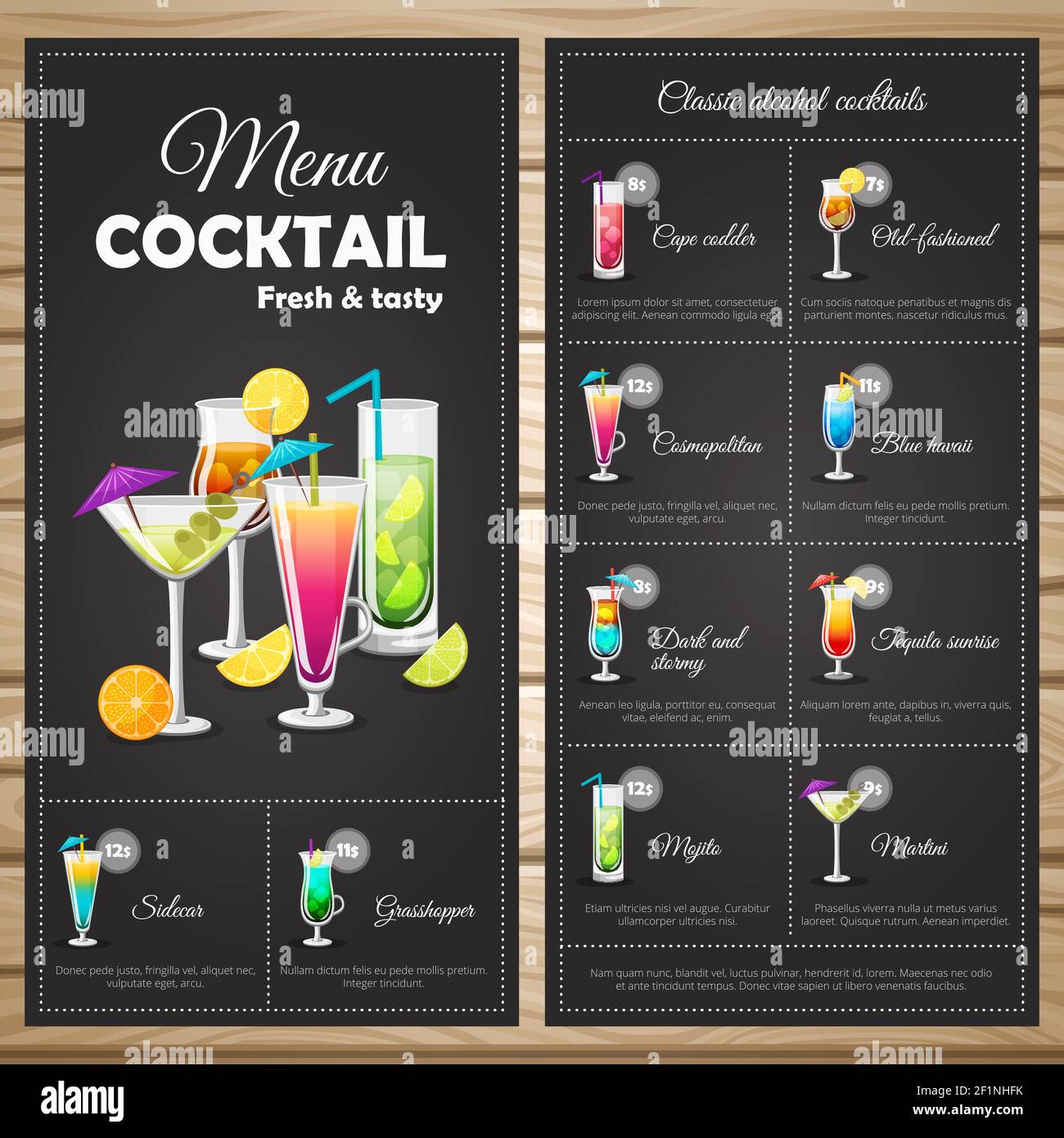 Menu cocktail alcolici classici con tipi di cocktail prezzo e. ingredienti  su sfondo nero illustrazione vettoriale Immagine e Vettoriale - Alamy